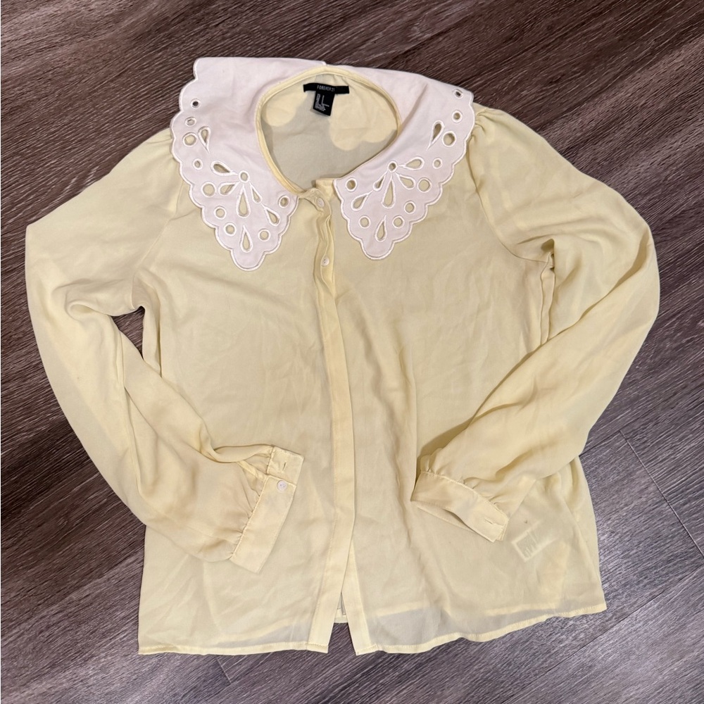 Forever 21 Light Yellow Blouse with White Eyelet Collar
